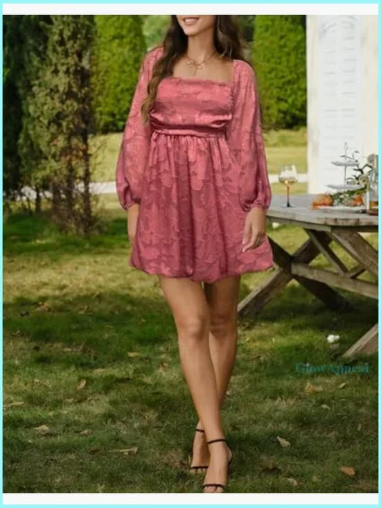 Floral Square Neck Long Sleeve Mini Dress Smocked Back A-Line Wedding Guest - Picture 6 of 6